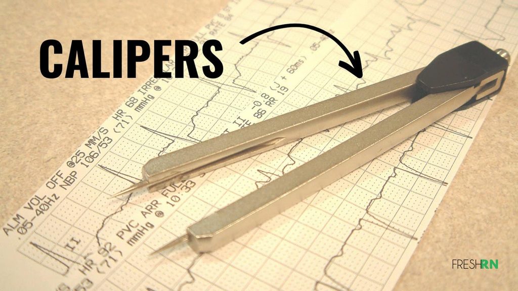 5-Lead ECG Interpretation for Nurses 5 6-second 5-lead ecg lead strips with calipers sitting on top of htem